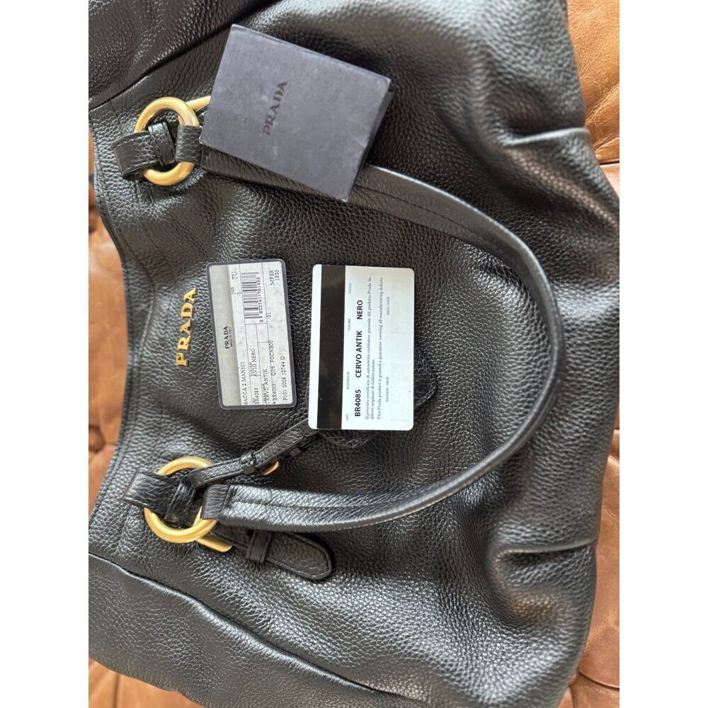 PRADA Cervo Antik Nero Hobo Shoulder Bag – Black Pebbled Leather Shoulder Bag
